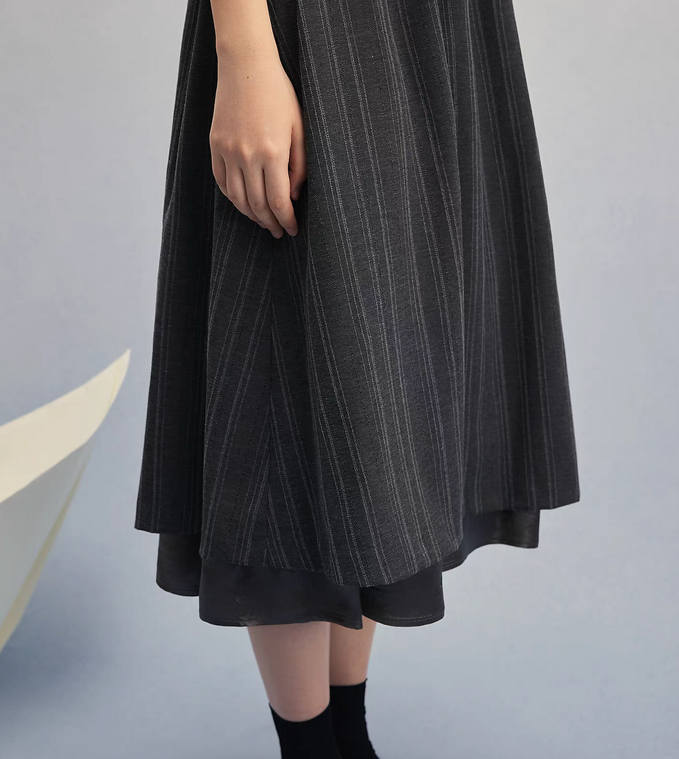 Thumbnail: Striped charcoal cotton rayon elasticated layered A line skirt