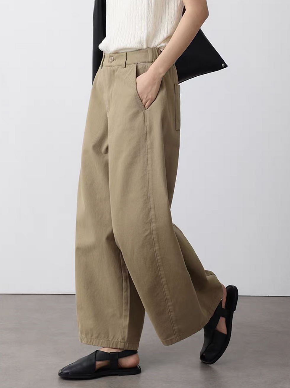 Thumbnail: High waisted back elasticated cotton barrel pants