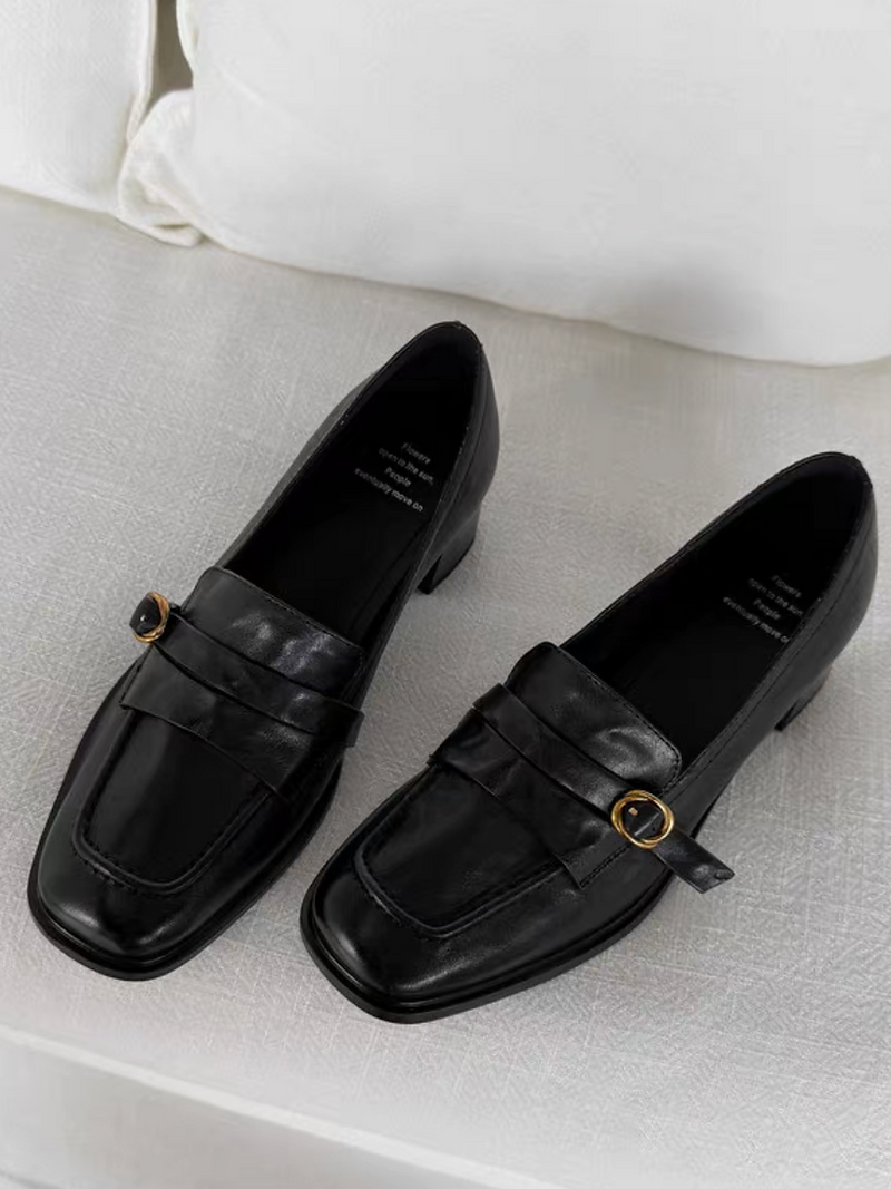 Layered buckle strap calf leather low heels 4