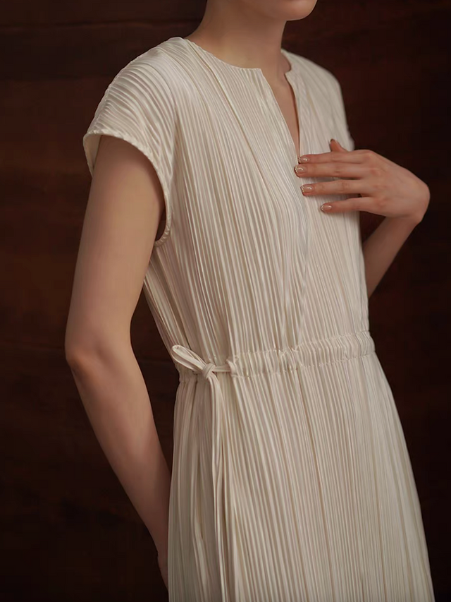 Ivory ribbed waist drawstring poly rayon midi dress 6