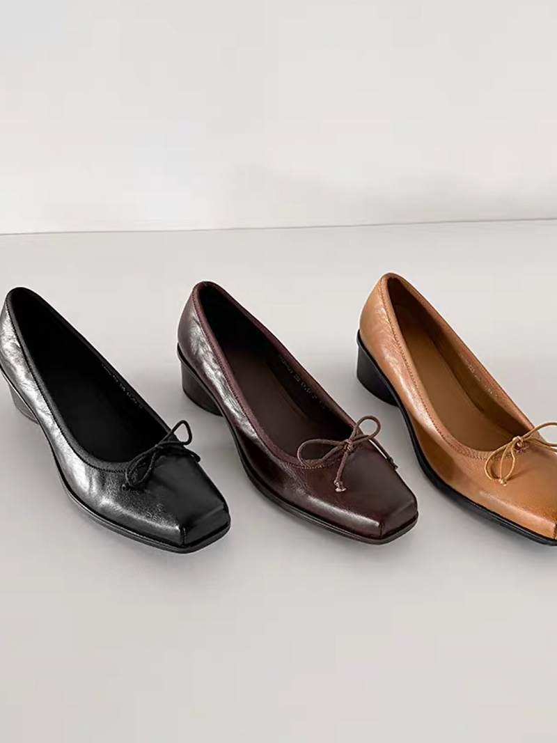 Lambskin brushed off color ribbon round low heels 15