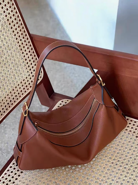 Golden harware white stitched caramel calf leather hobo shoulder + crossbody bag