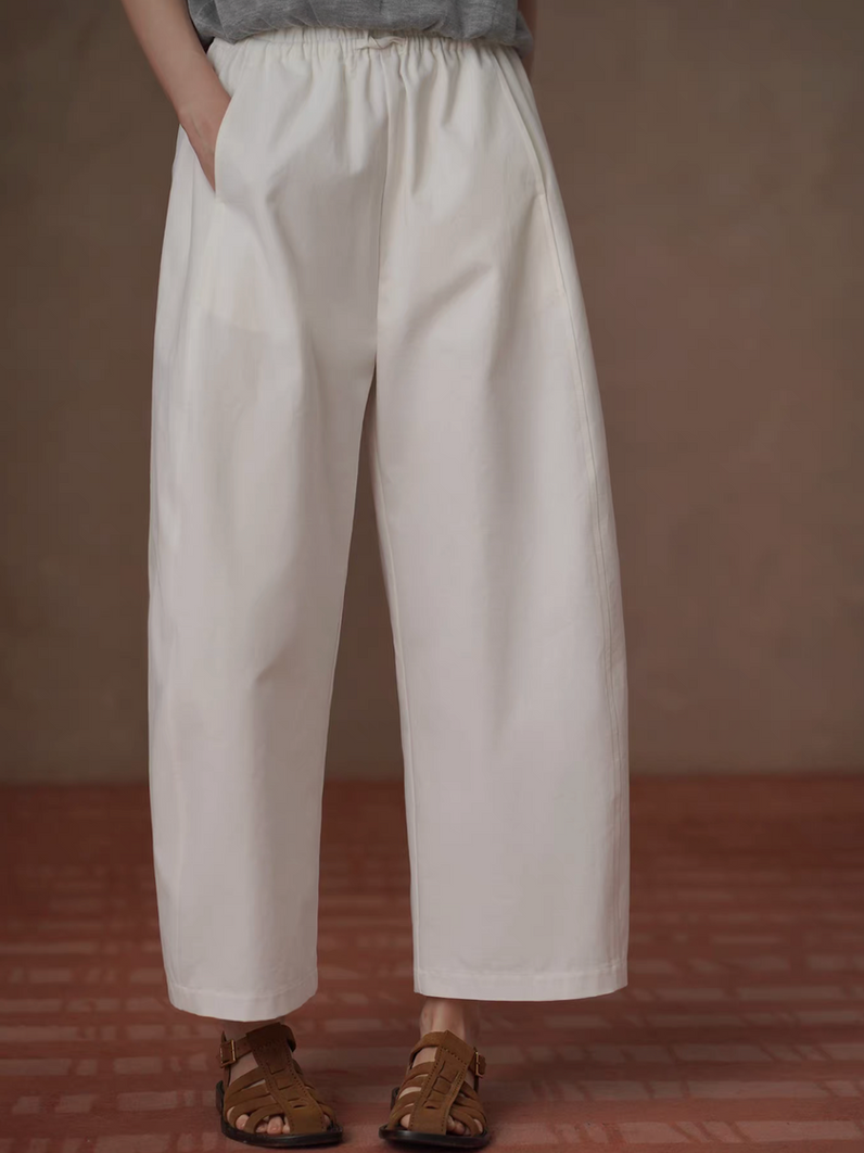 Pure cotton contour ivory white drawstring taper barrel pants 5