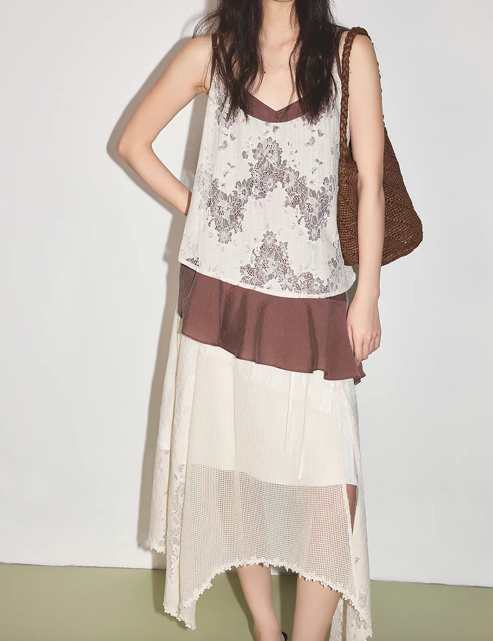 Thumbnail: Ivory cotton tencel rayon docking lace asymmetric lined side knot table skirt