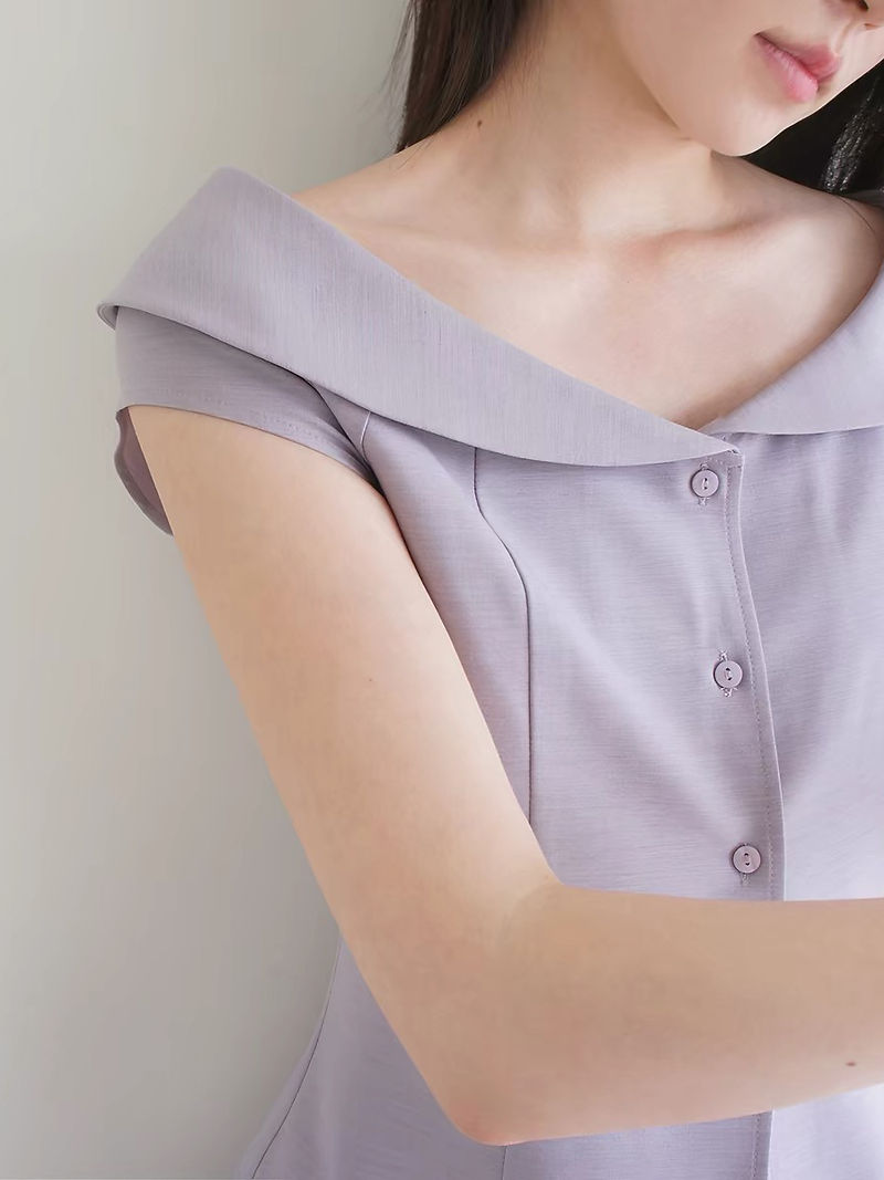 Foldover collar cotton rayon slim cut pastel purple blouse 3
