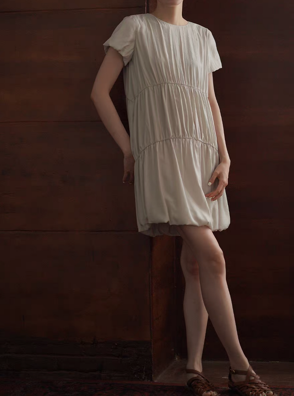 Thumbnail: Ruffled sora poly chiffon lined puff sleeves midi puff side pockets dress