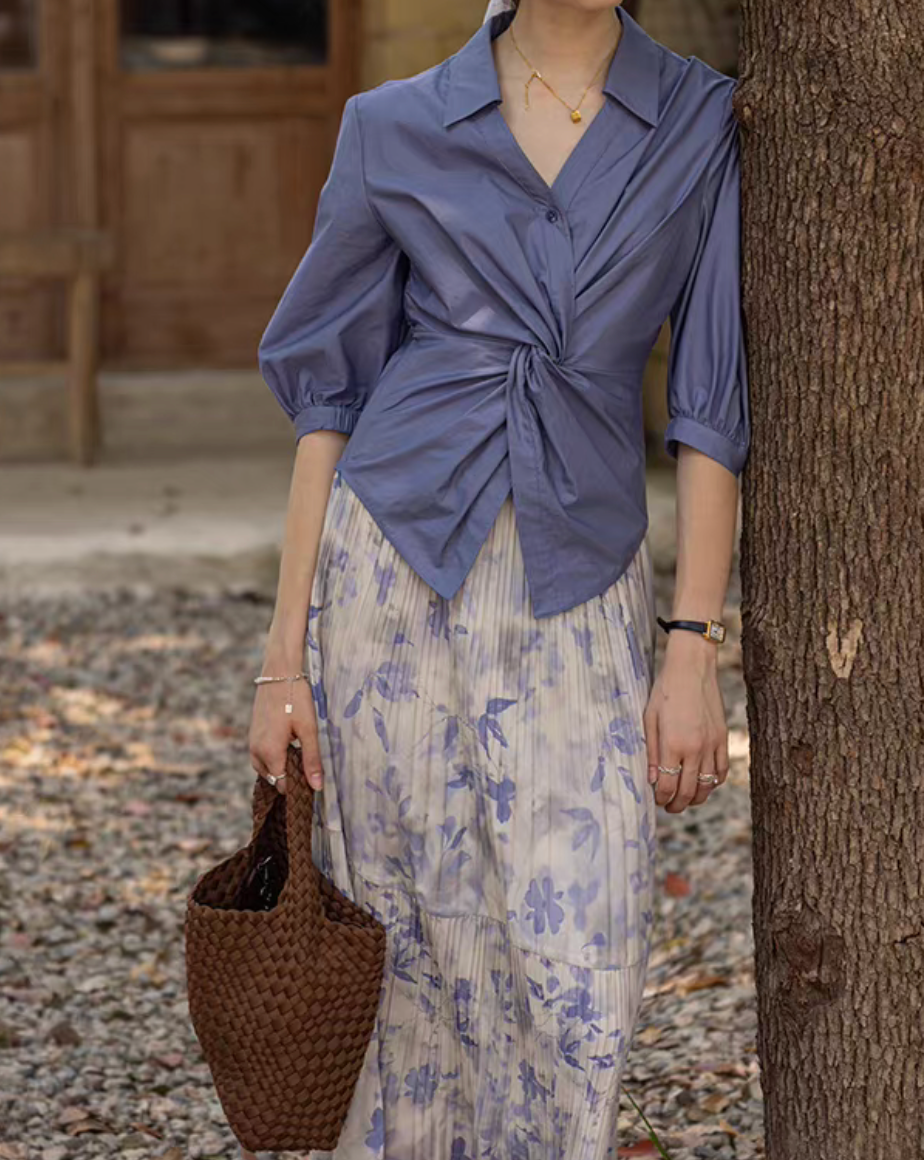 Thumbnail: Floral blue pleated poly rayon table skirt