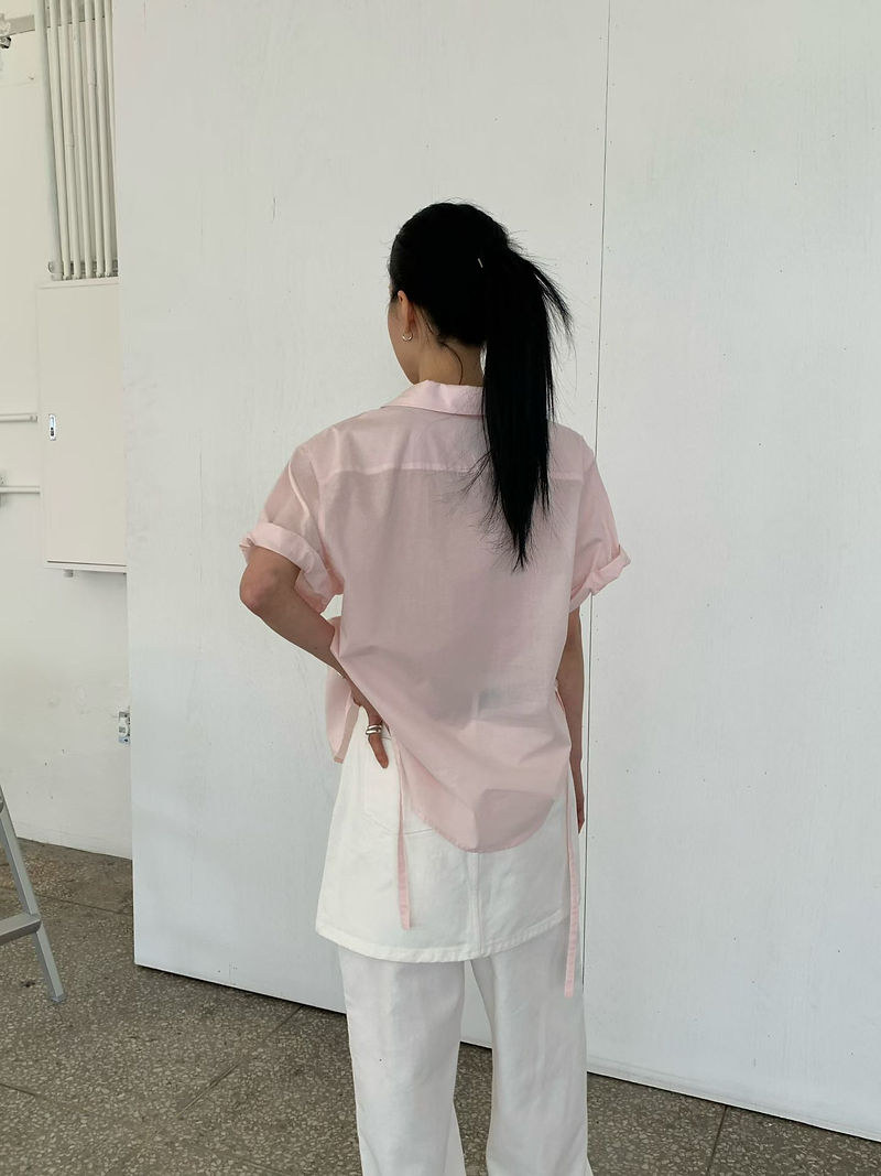 Rolled sleeves cotton buttoned back knot shirt 3