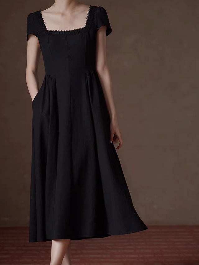 Black cotton poly lace trim square neck midi dress 9