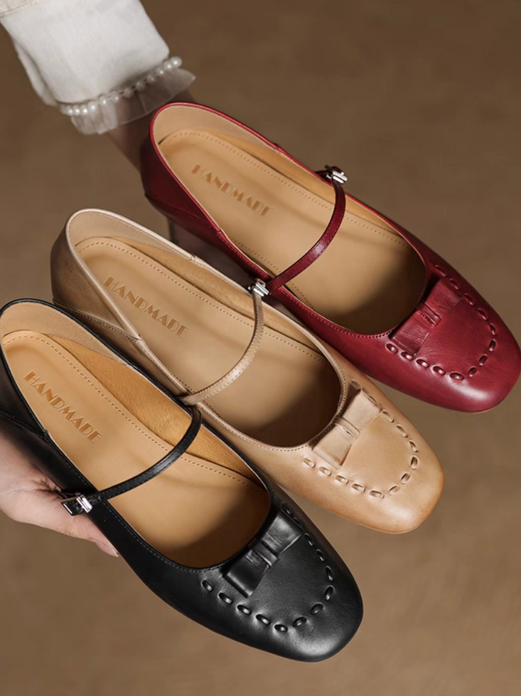 Calf leather bow stitched trim Mary Janes 6