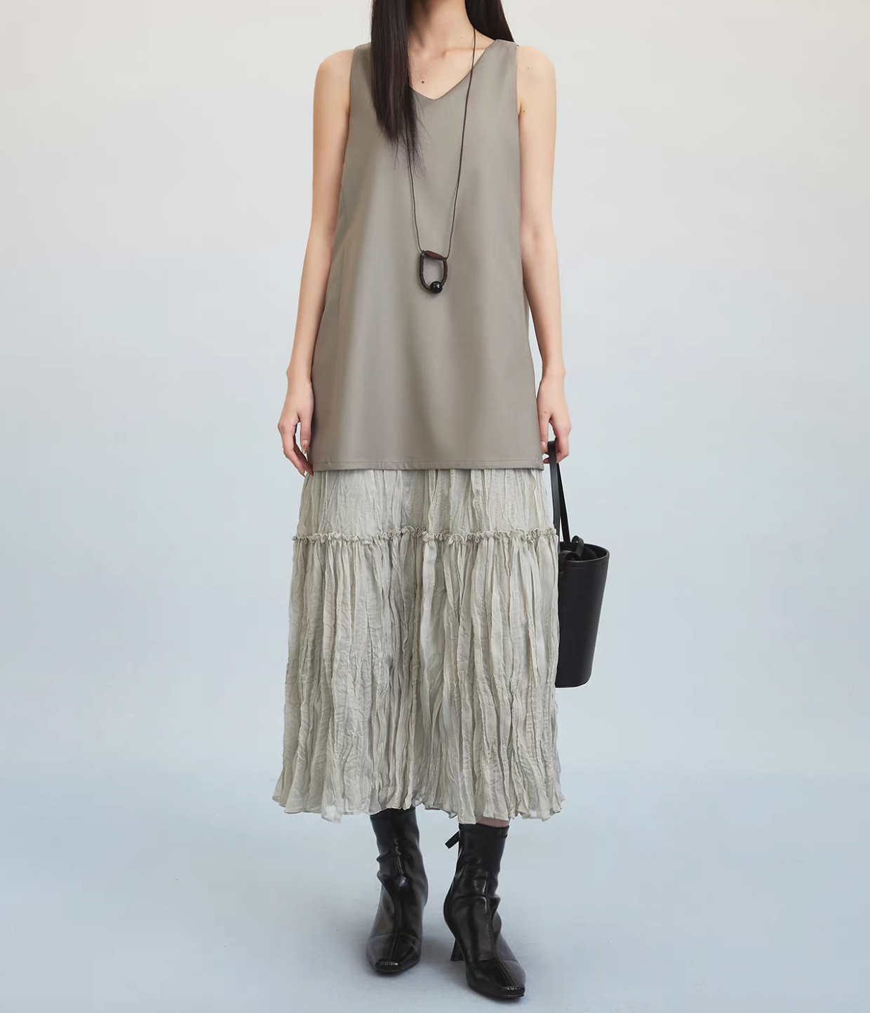 Beige grey cotton rayon V neck docking sleeveless dress
