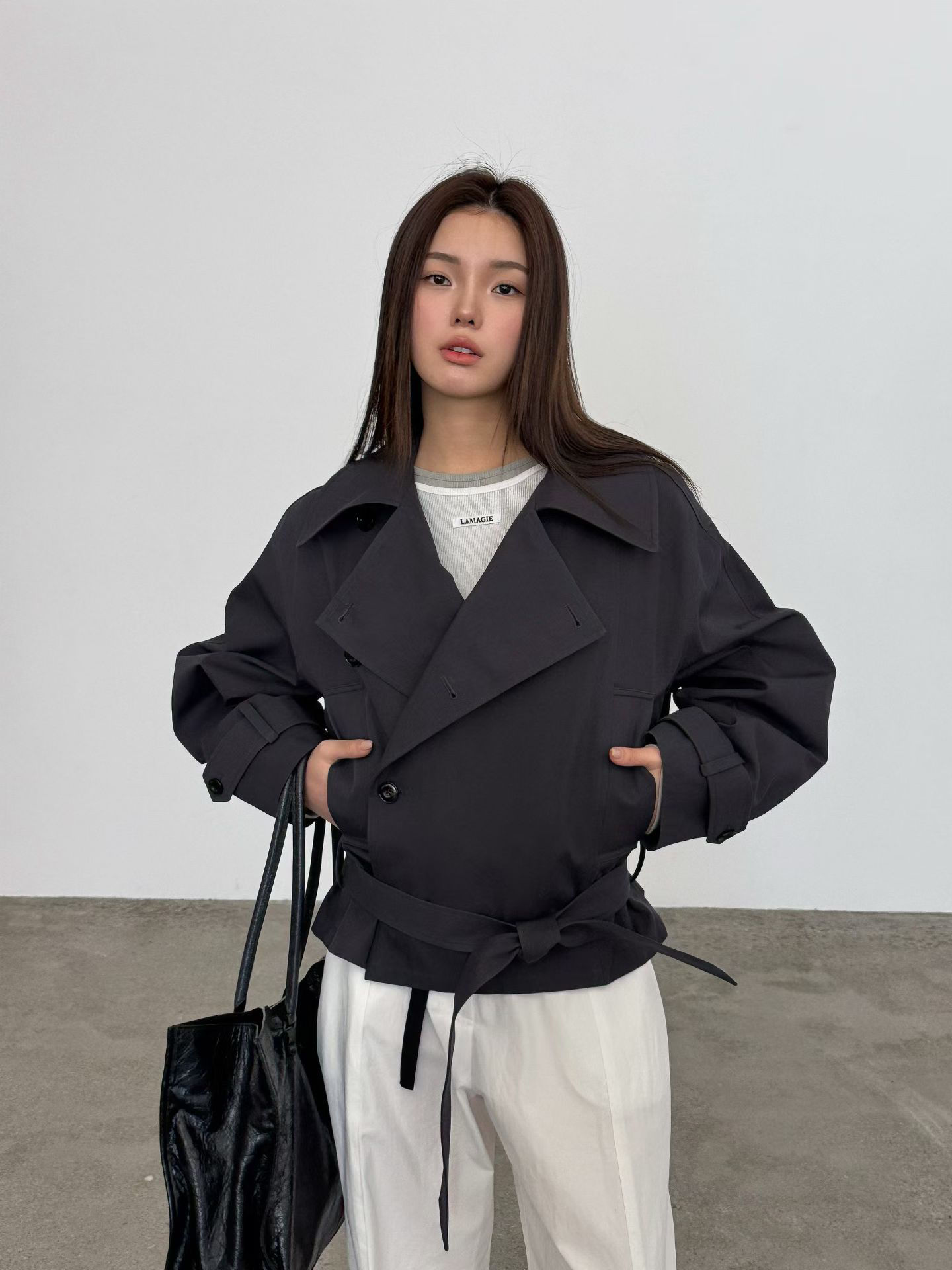 Belted double breasted cotton short jacket 