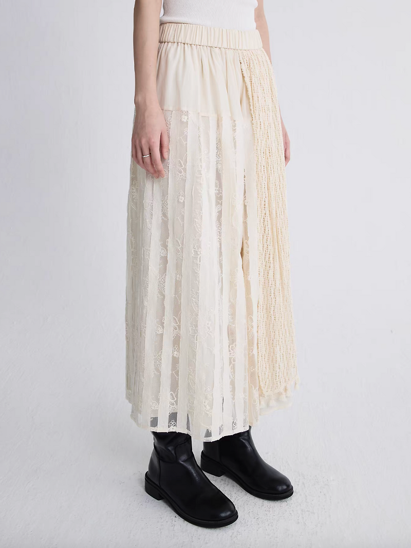 Ivory layered docking lace crochet pleated poly rayon elasticated skirt 2