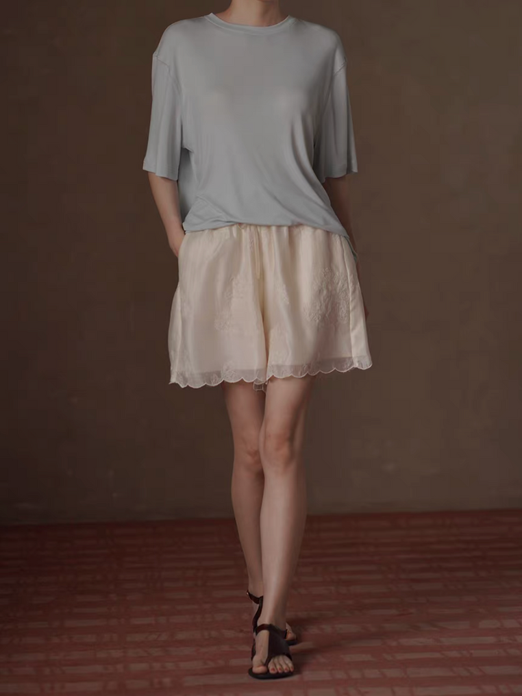 Ivory beige laced trim layered tencel lyocell rayon drawstring shorts 6