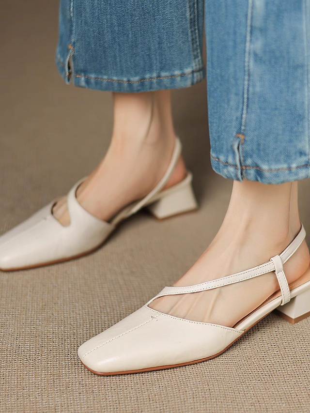 Diagonal strap sling back lambskin low heel shoes 4