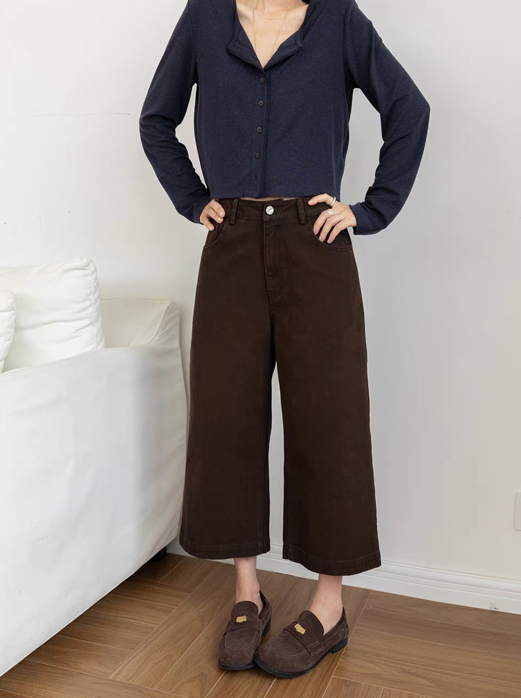 High waisted acid washed cotton denim capri pants