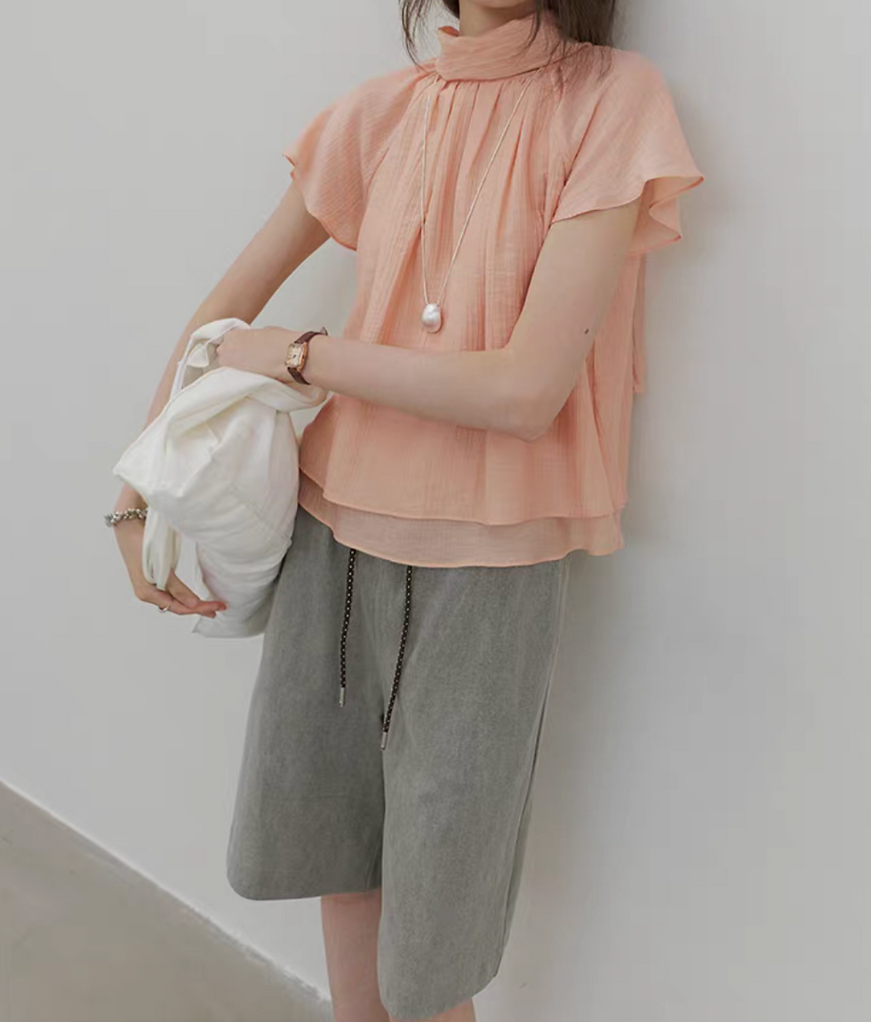 Thumbnail: Apricot pink lyocell rayon pleated back knot layered blouse