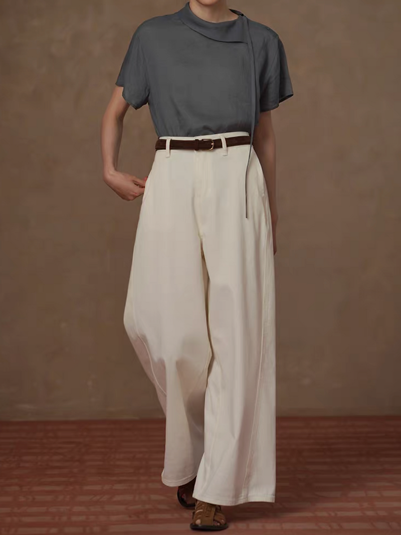 High waisted ivory cotton denim straight pants 5