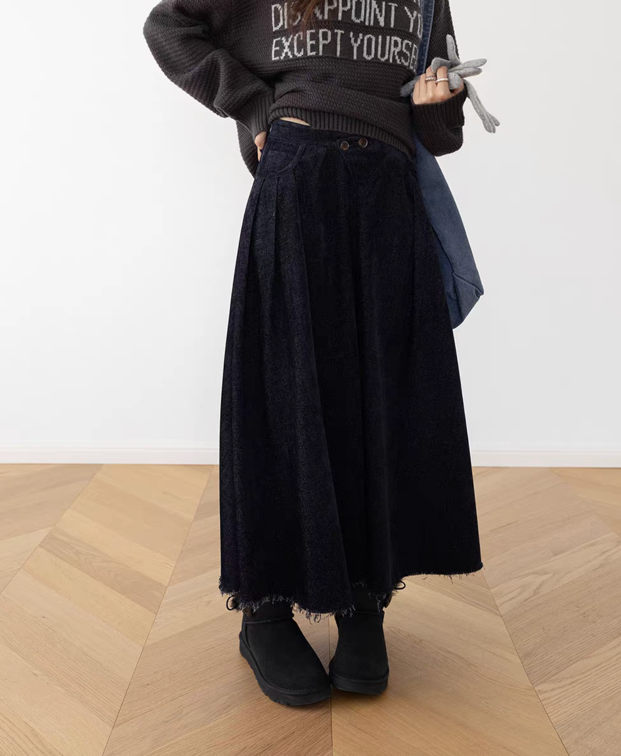 Distressed trim cotton front pleated double buttoned A line maxi skirt