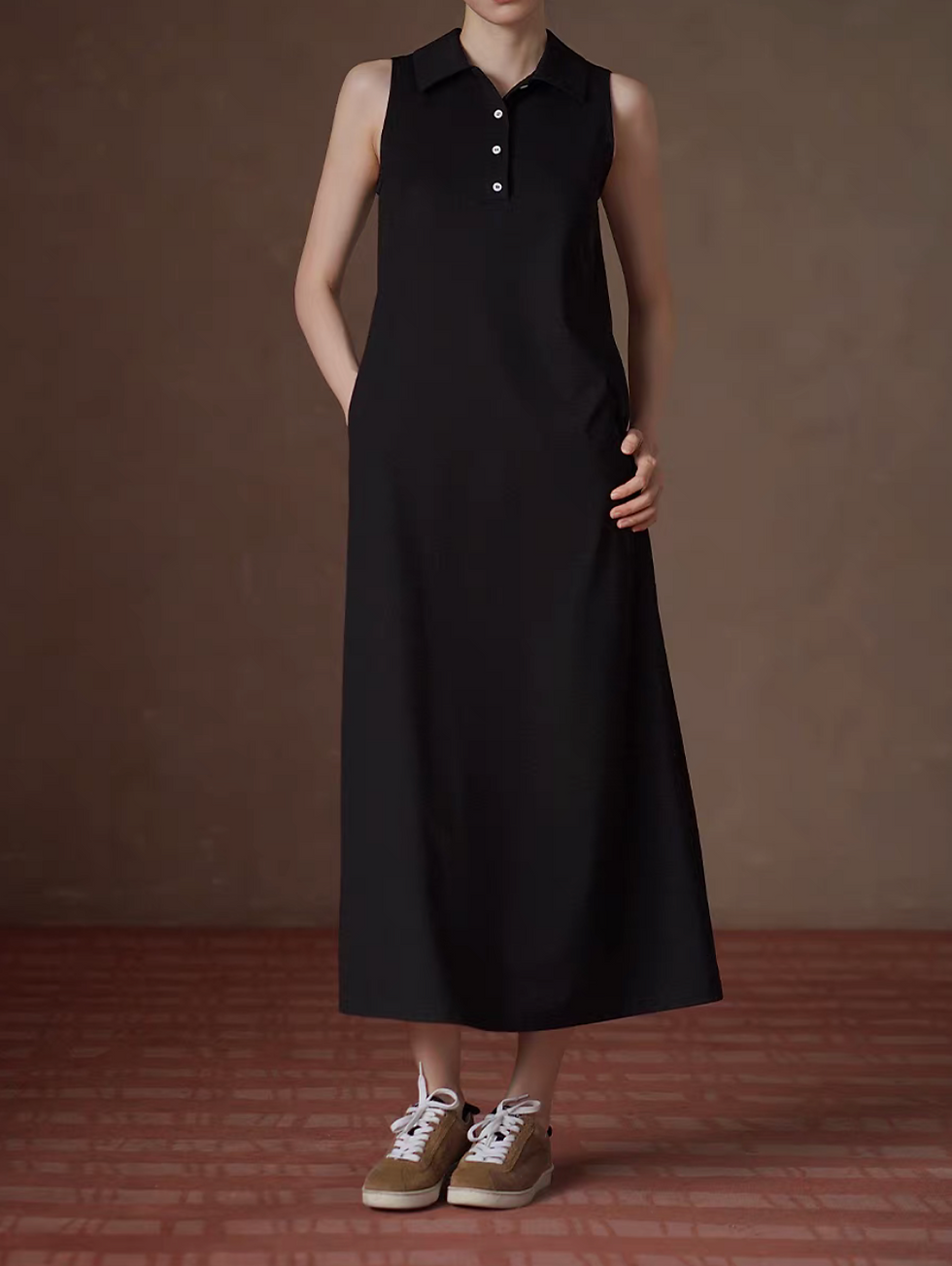 Thumbnail: Black poly rayon polo long sleeveless dress