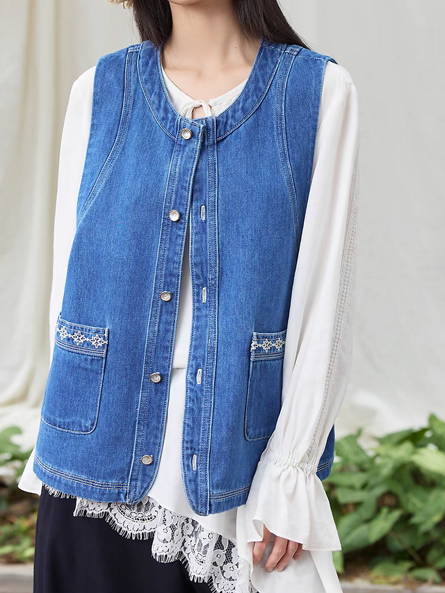 Lace embroidered trim tencel denim retro blue vest 2