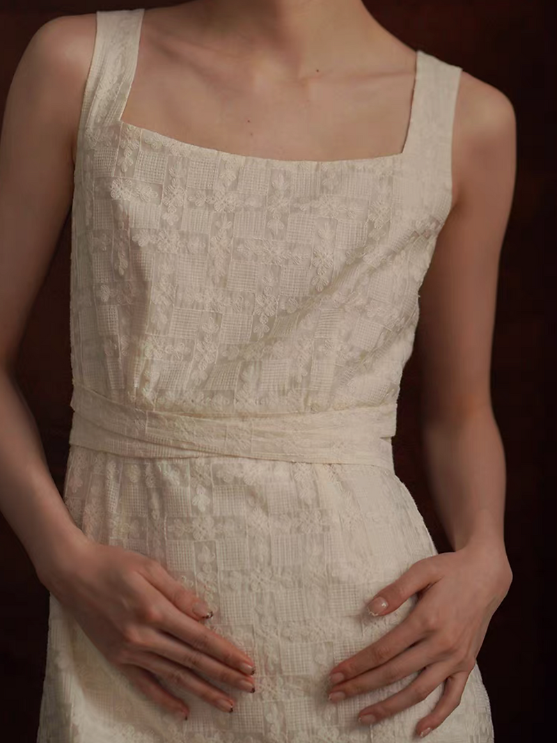 Ivory crochet embroidered cotton rayon belted sleeveless dress 3