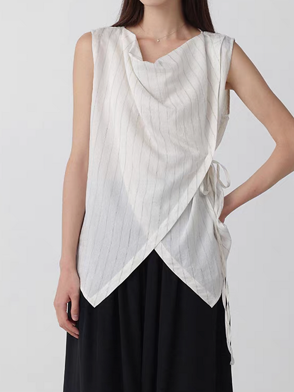 Cotton linen tencel overlapping V neck side knot vest