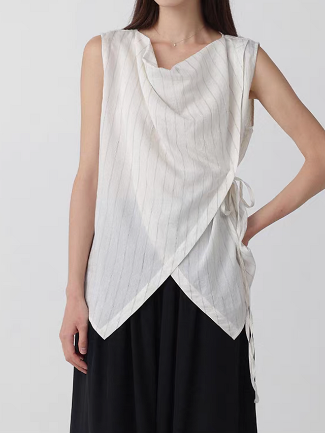 Cotton linen tencel overlapping V neck side knot vest 1