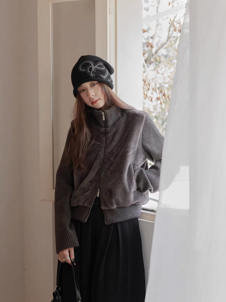 40% Wool ribbed nylon rayon faux fur fluffy zipper cardigan 6