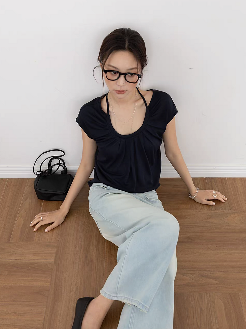 Lyocell cotton poly back adjusted strap U neck tee 8