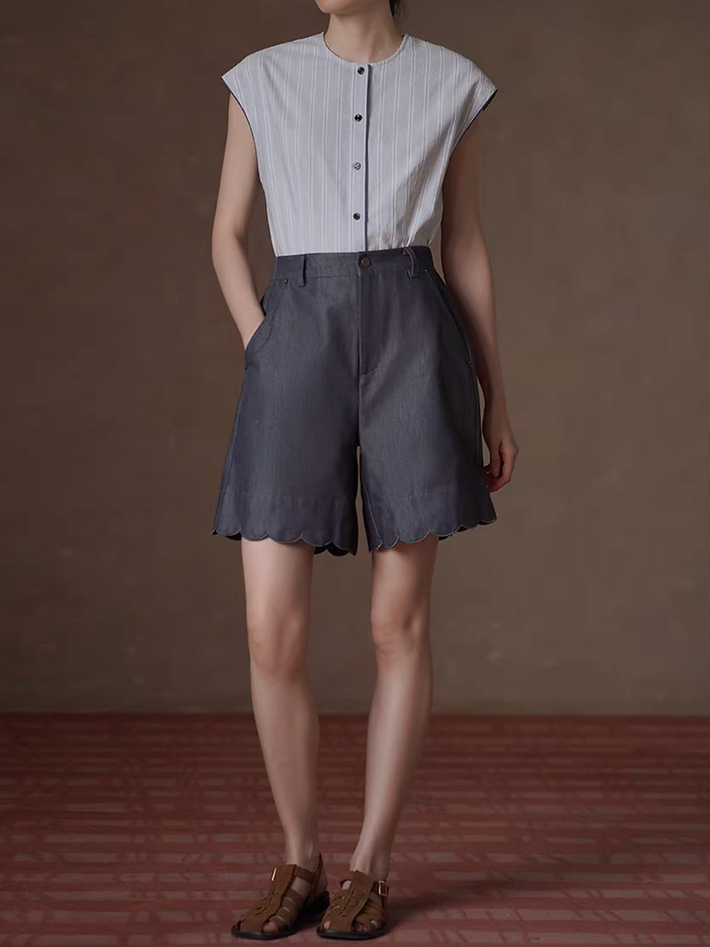 Greyish light blue striped navy trim pure cotton vest / blouse 9