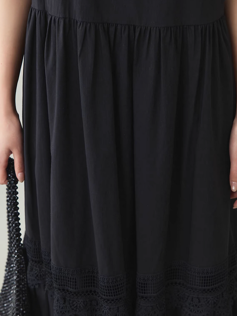 Black cotton tencel linen wavy laced trim sleeveless dress 8