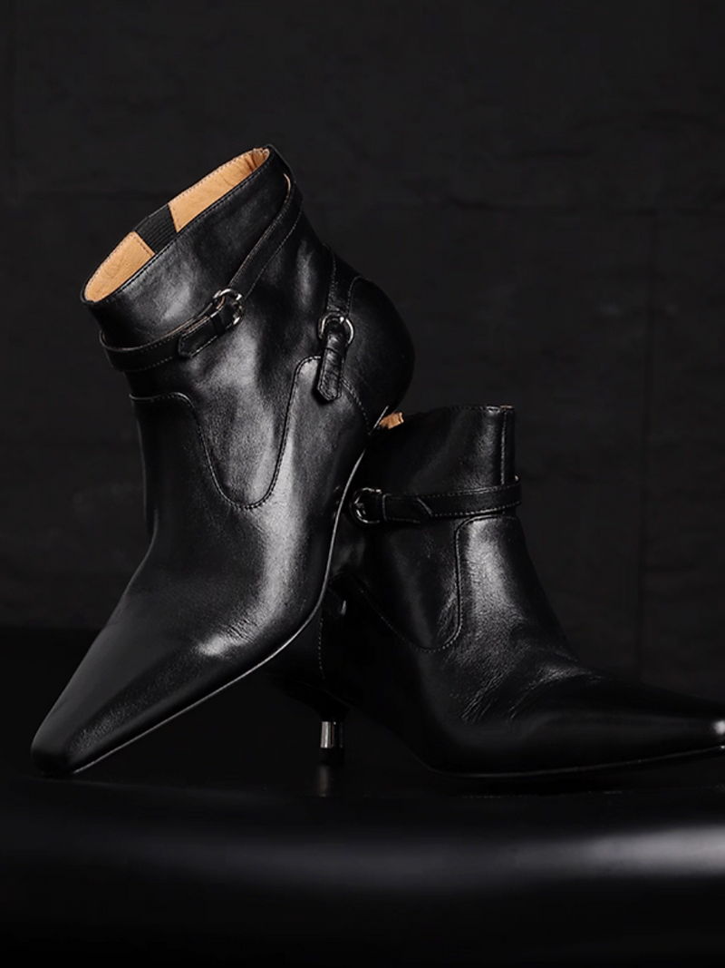 Made in Paris baroque black double thin strap Italian calf leather pointy boots 3