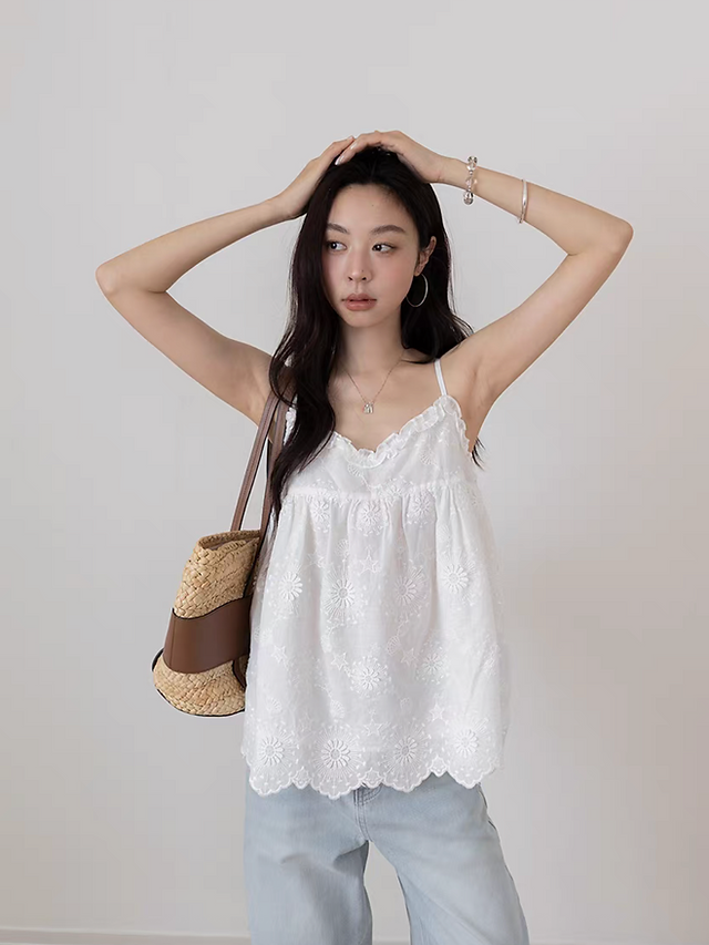 Pure cotton lace crochet floral ruffles trim white camisole 5