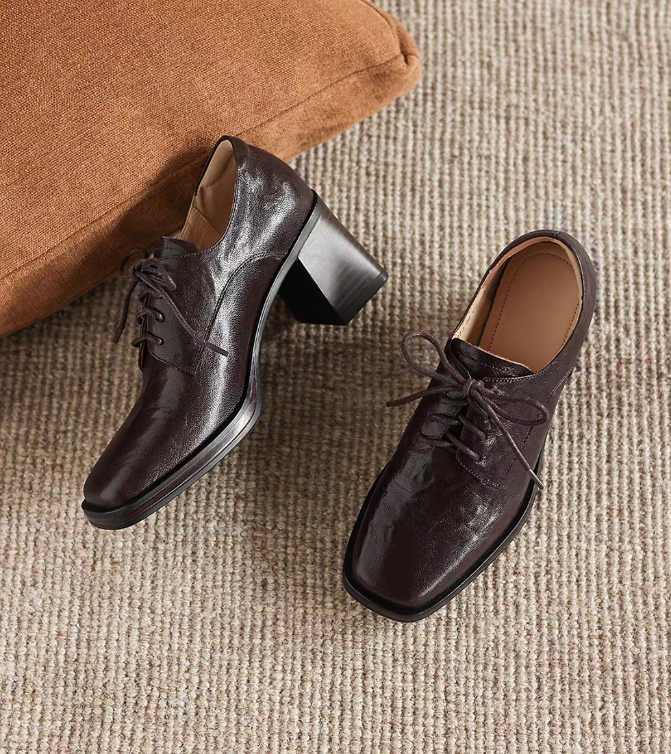 Thumbnail: Square toe embossed lambskin chunky heel lacing shoes