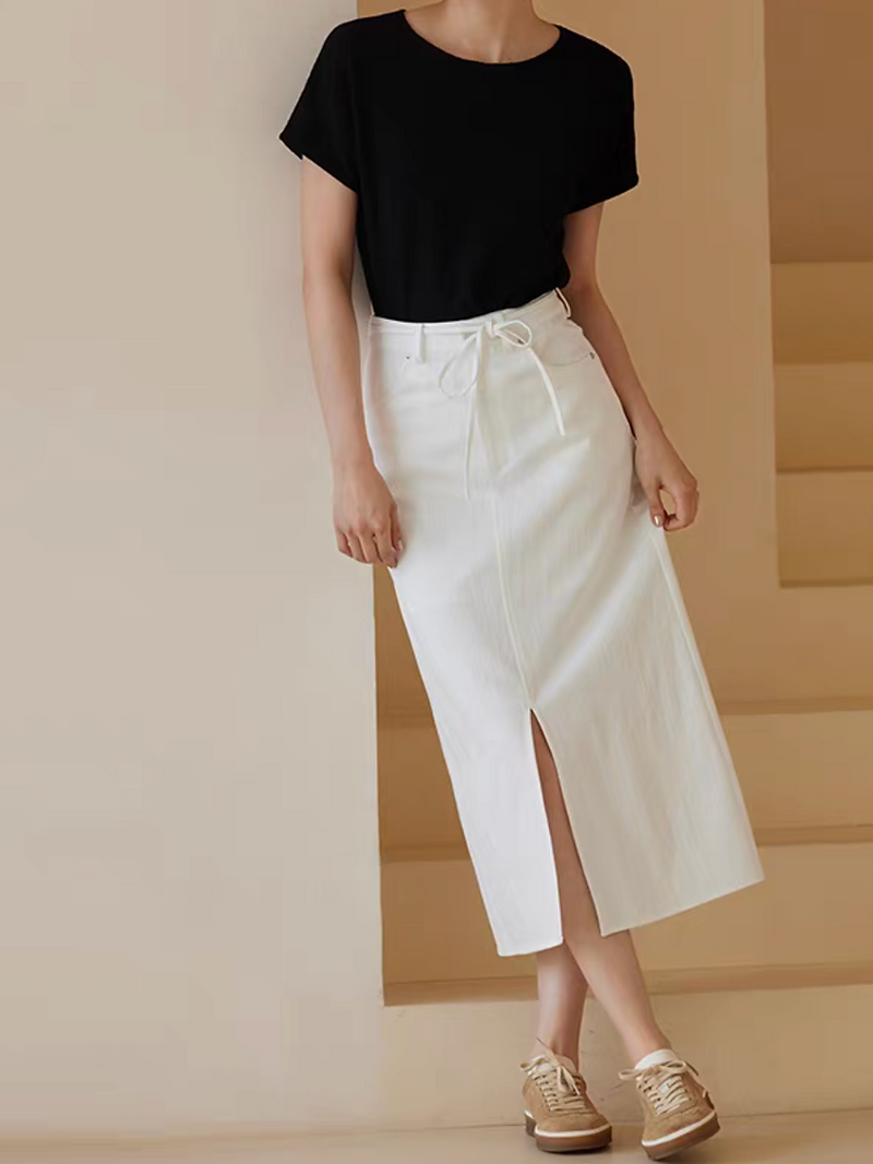 Front slit cotton denim white high waisted drawstring A line skirt 1
