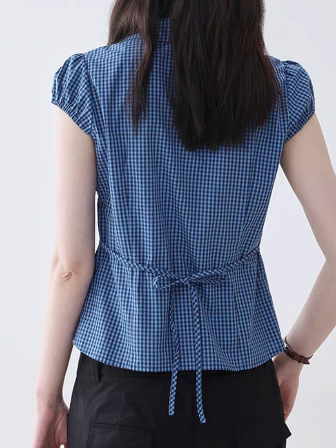 Blue checker cotton back knot peterpan collar ruffled slim cut blouse / shirt 5