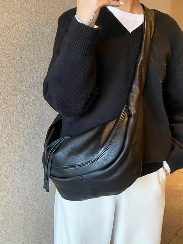 Tassels zipper black soft calf leather shoulder + crossbody bag 7