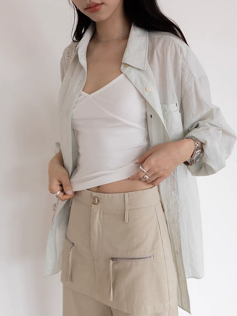 Tencel rayon double stitched trim pockets back buttoned sheer shirt 2