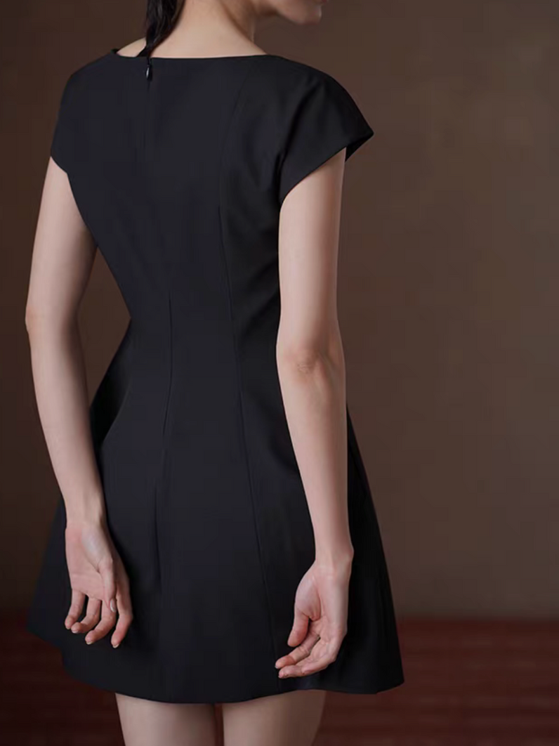 Black flutter sleeves cotton rayon midi flare slim cut dress 7