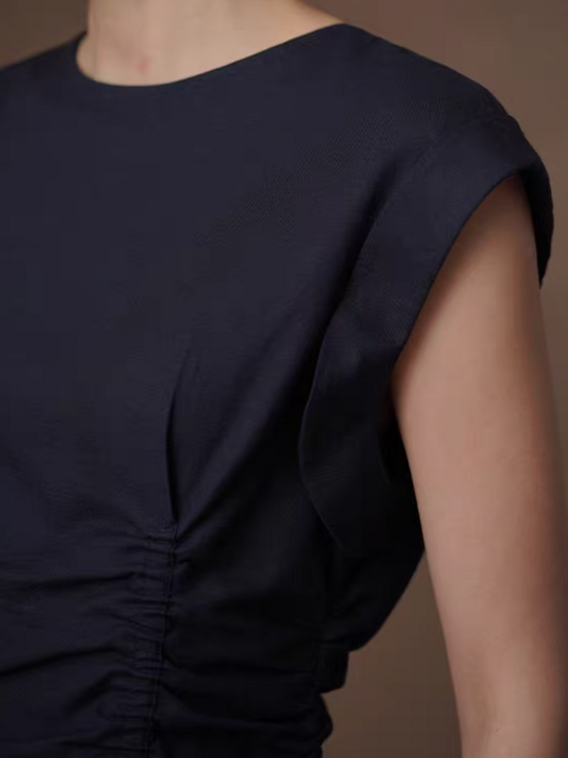 Elastic ruffles flutter sleeve cotton linen slim cut navy sleeveless dress 5