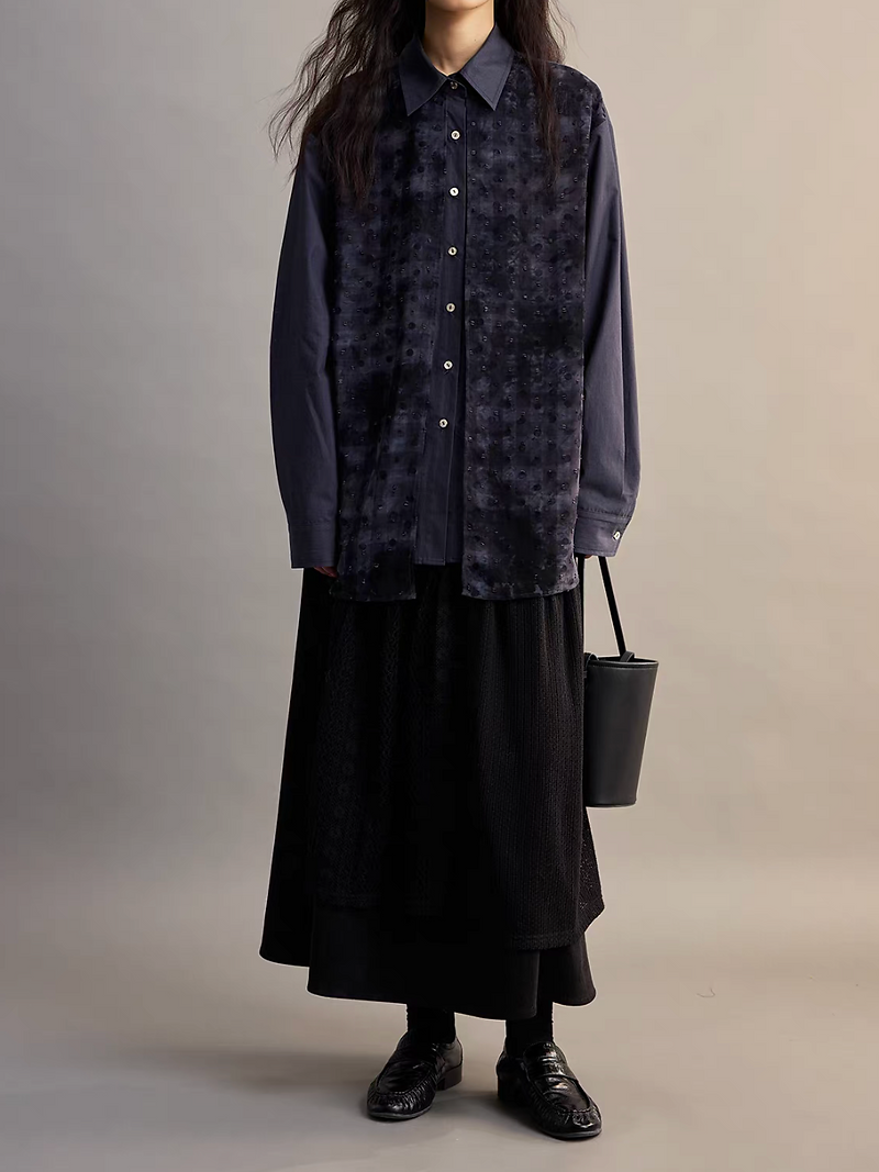 Dark blue checker tencel sheer layered beads deco cotton mid length shirt 5