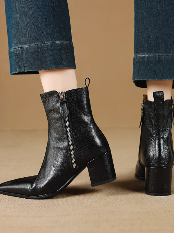 Ruffled side zipped lambskin ankle boots