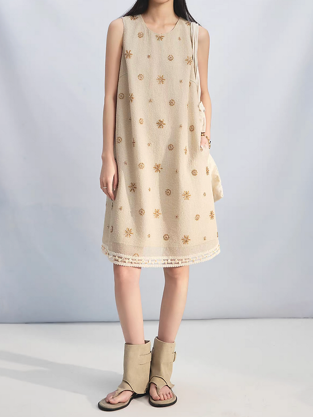 Beige cotton poly embroidered sequins beads lace trim sleeveless dress 7