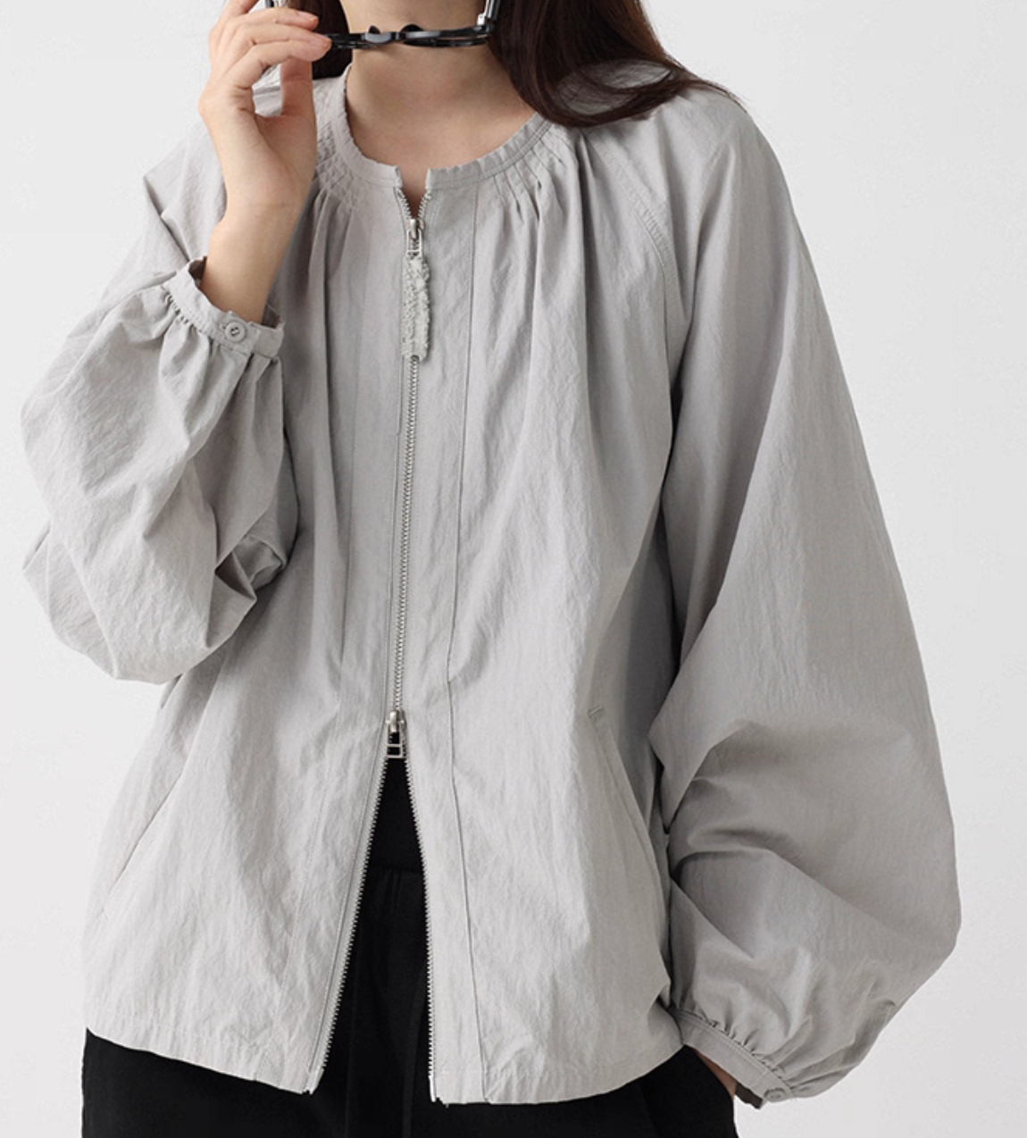 Puff sleeves double ended zipper cotton rayon jacket
