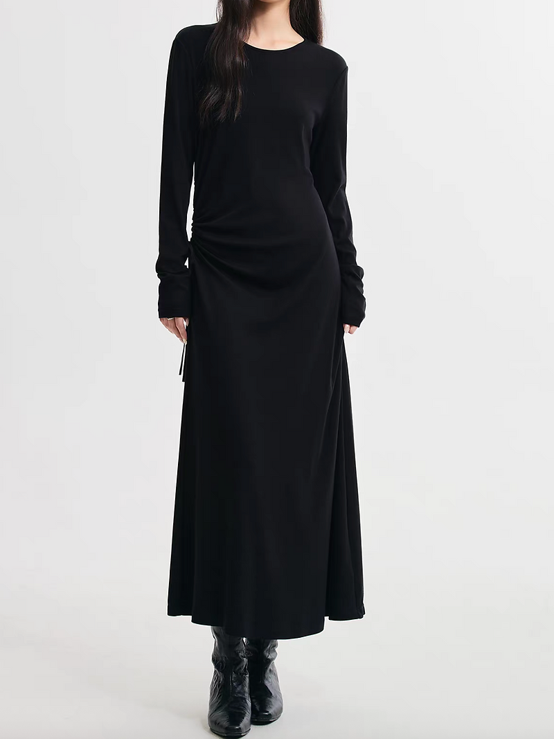 Side pleated ruffled crewneck asymmetric poly rayon knitted dress 3