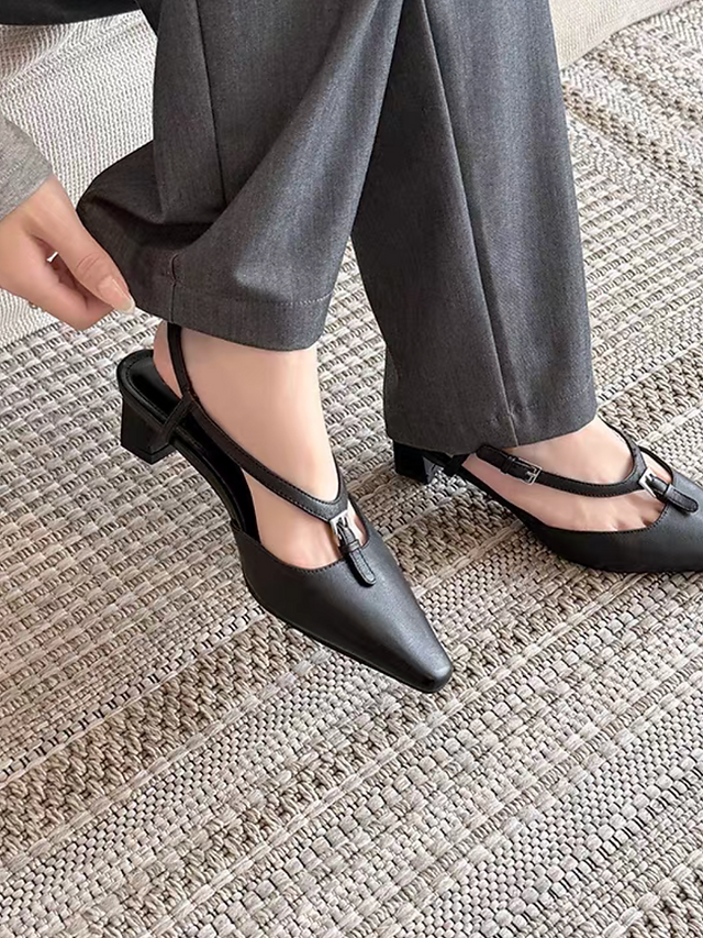 Mid buckle strap lambskin sling back low heels 5