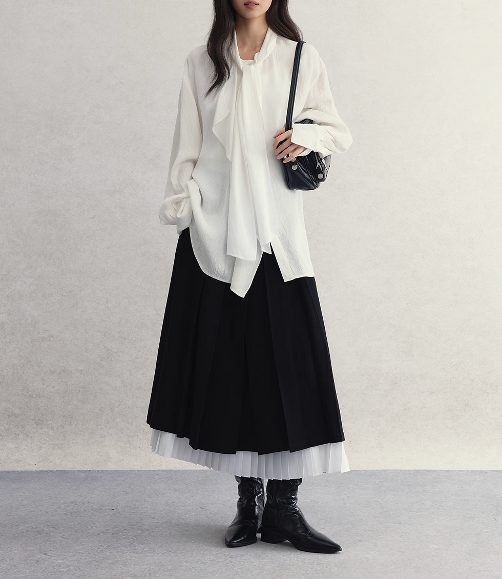 Thumbnail: High waisted pleated A line black white cotton rayon layered bicolor skirt