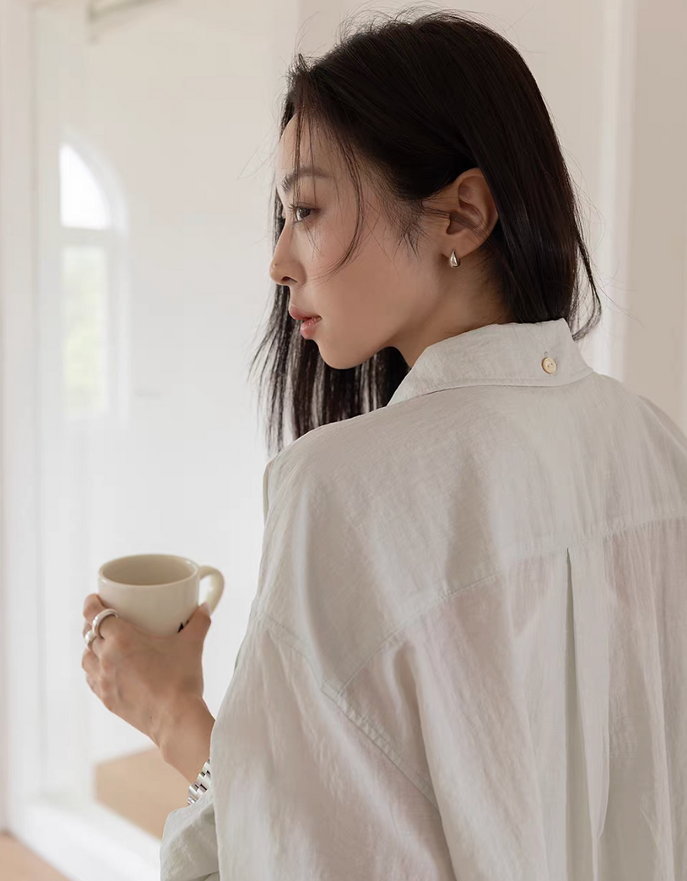 Thumbnail: Tencel rayon double stitched trim pockets back buttoned sheer shirt