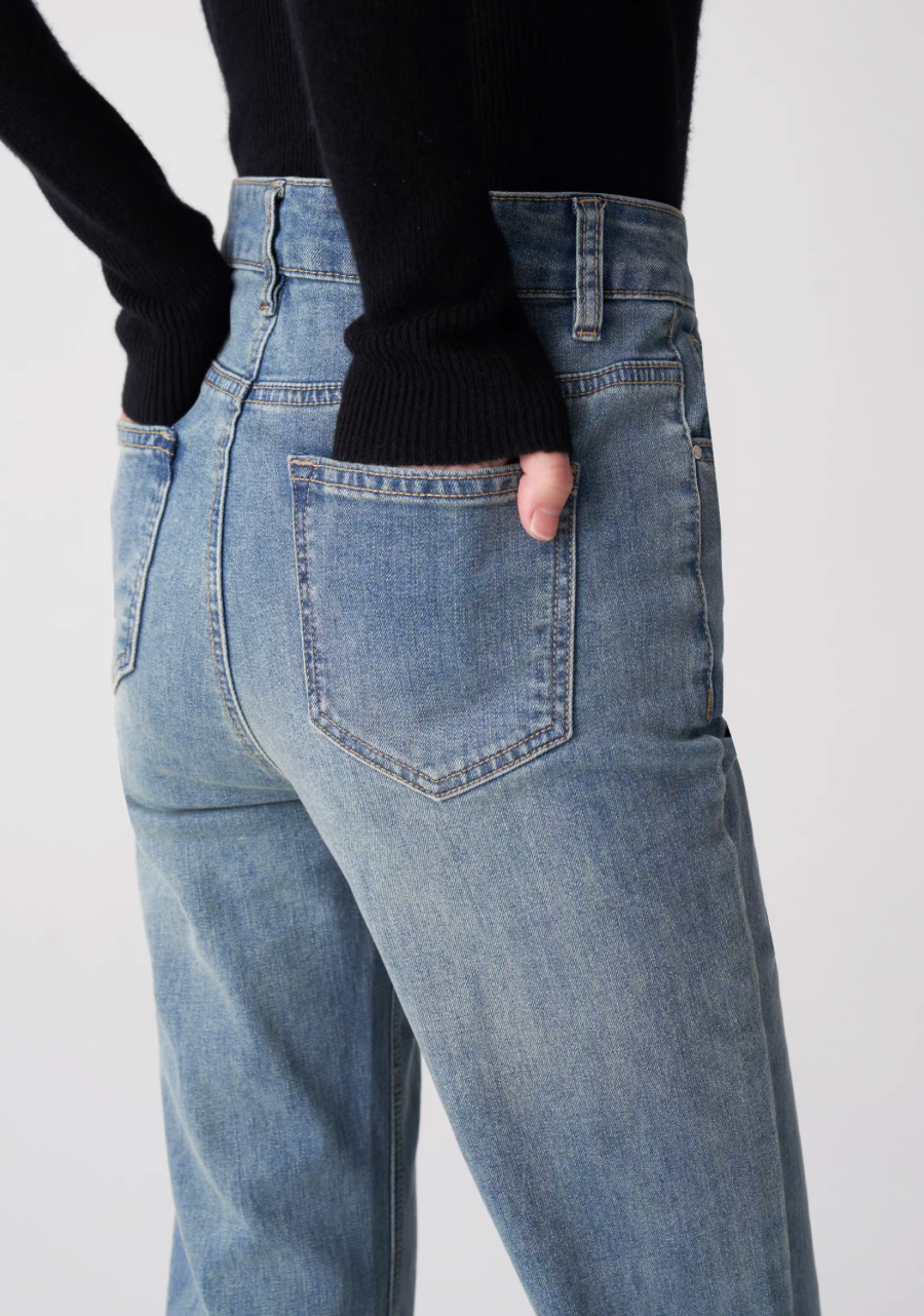 Thumbnail: Slight flare stretchy tencel denim high waisted pants